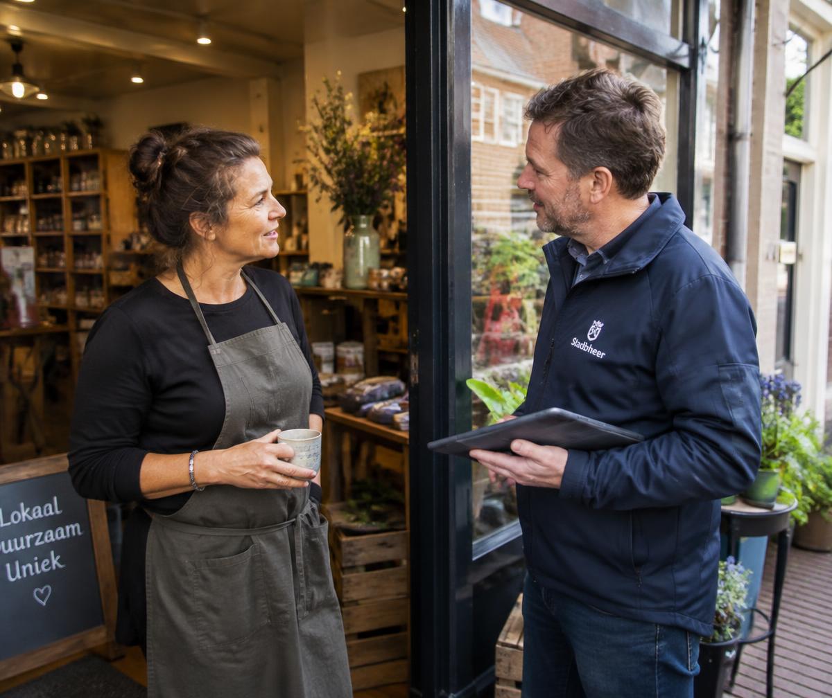 Winkelstraatmanager in gesprek met een lokale ondernemer