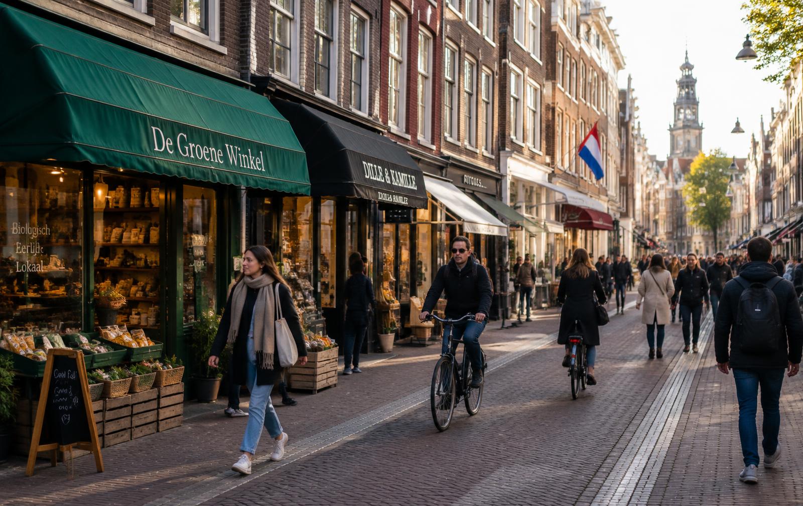 Levendige Nederlandse winkelstraat met lokale winkels